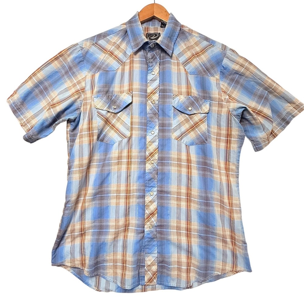 Roper Mens Blue Plaid Metallic Short Sleeve Western faux Pearl Snap Shirt L‎